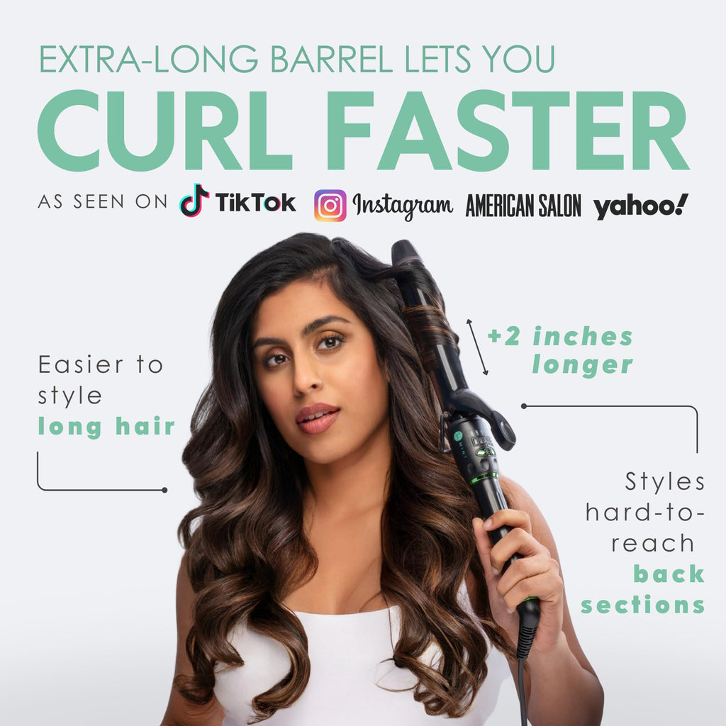 MINT 1.25 inch hair curler showing the dual heater barrel and digital temperature control settings