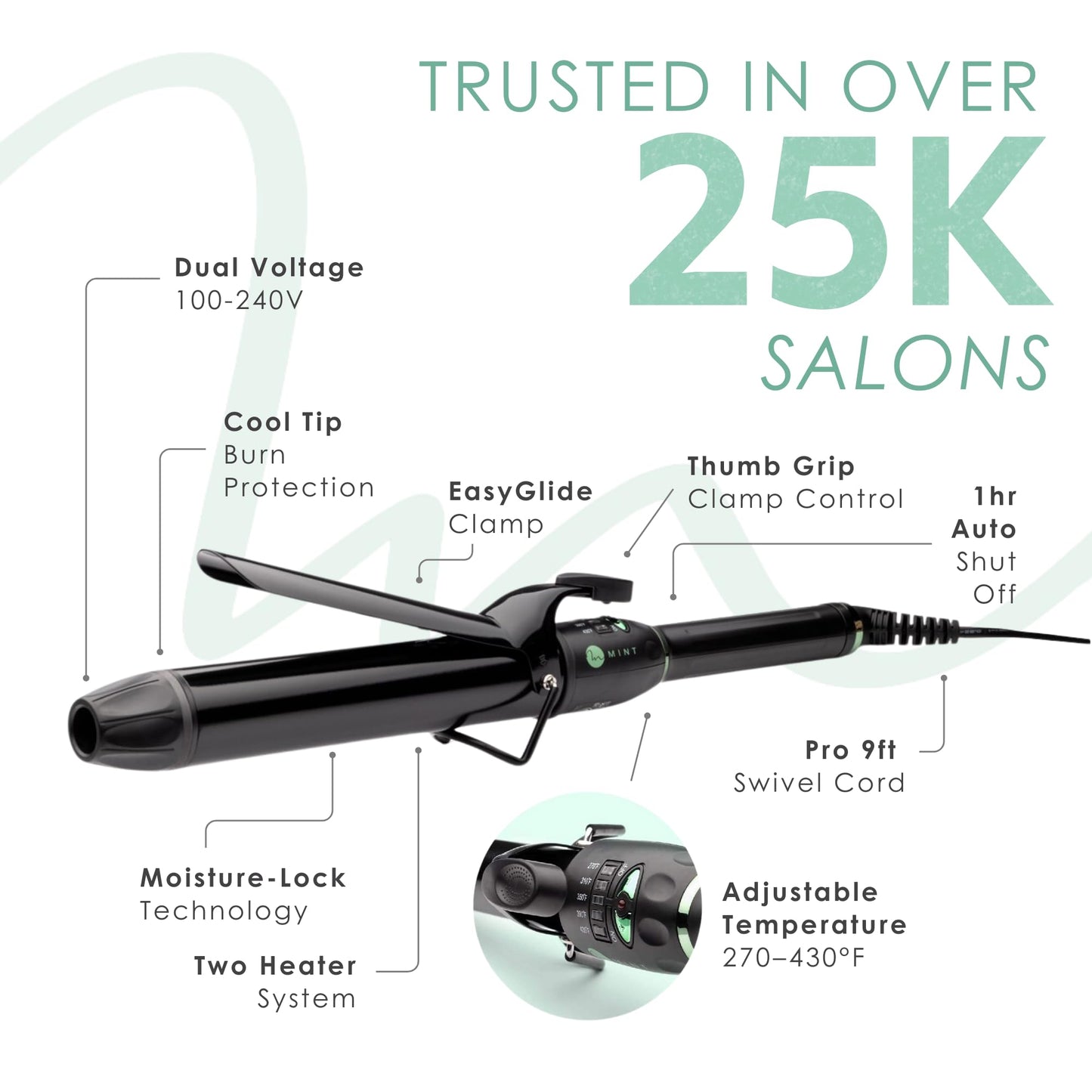 MINT international dual voltage curling iron unboxed with its premium salon packaging