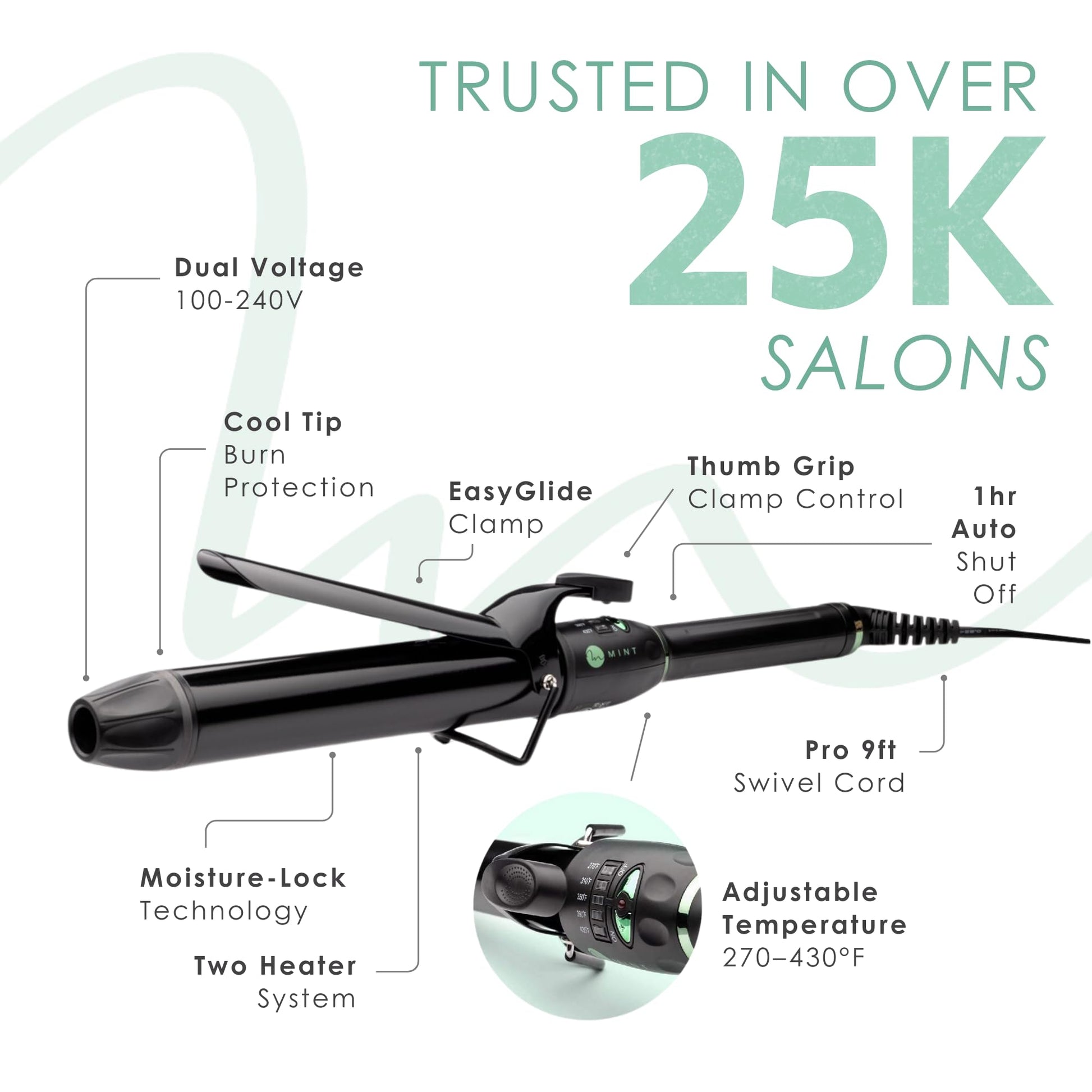 MINT international dual voltage curling iron unboxed with its premium salon packaging