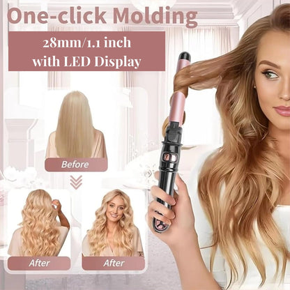 The premium automatic rotating hair curler packaging and included styling accessories.