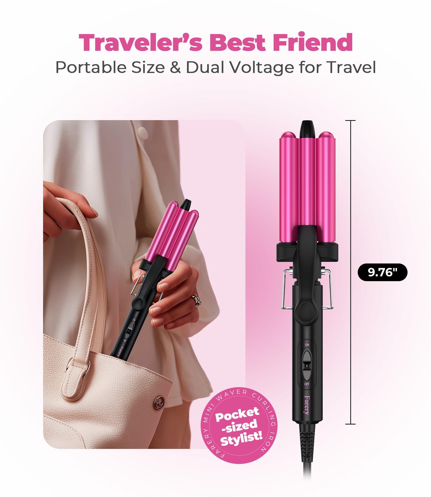 FARERY travel size hair crimper showcasing the compact body and safety stand