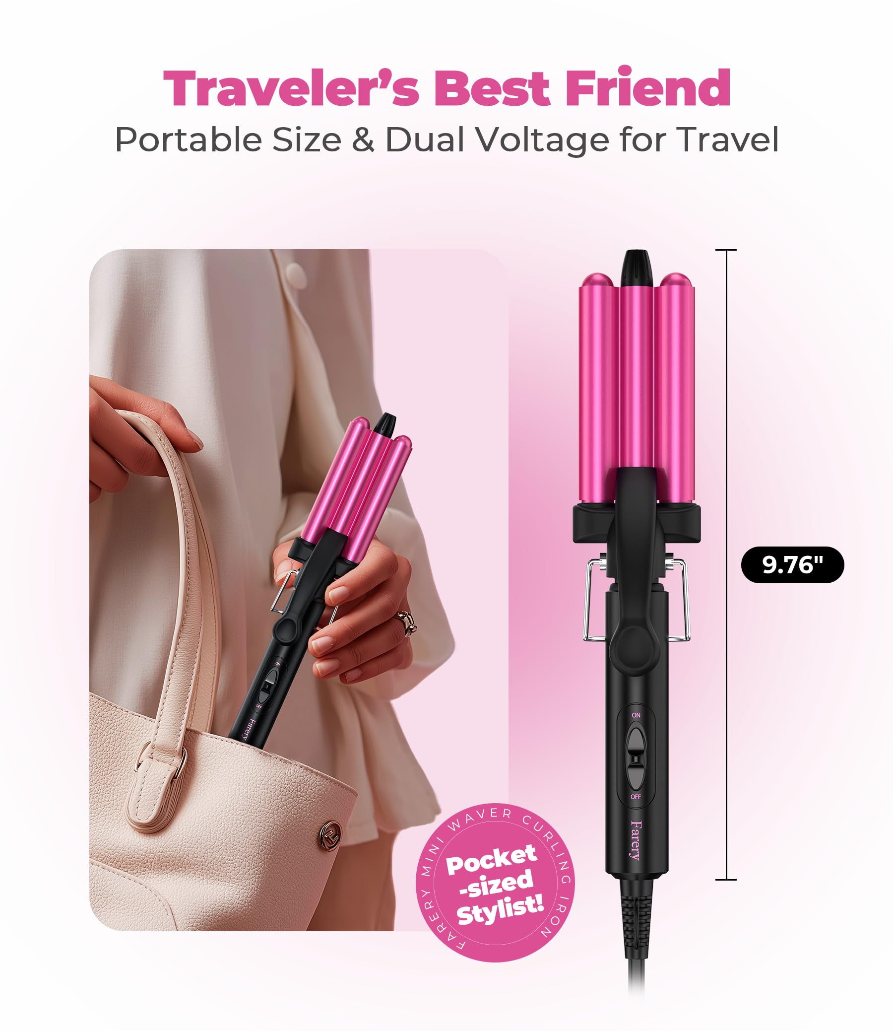 FARERY travel size hair crimper showcasing the compact body and safety stand