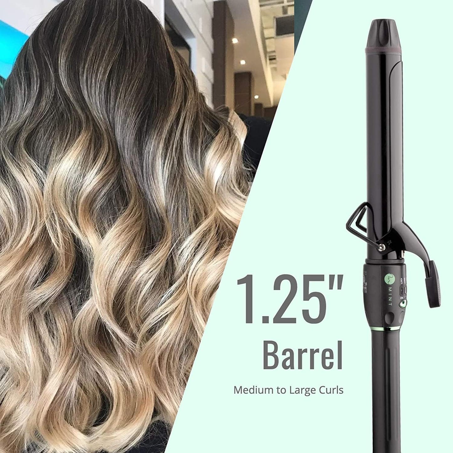 MINT hair styling iron angled view demonstrating the extended length designed for long hair styling