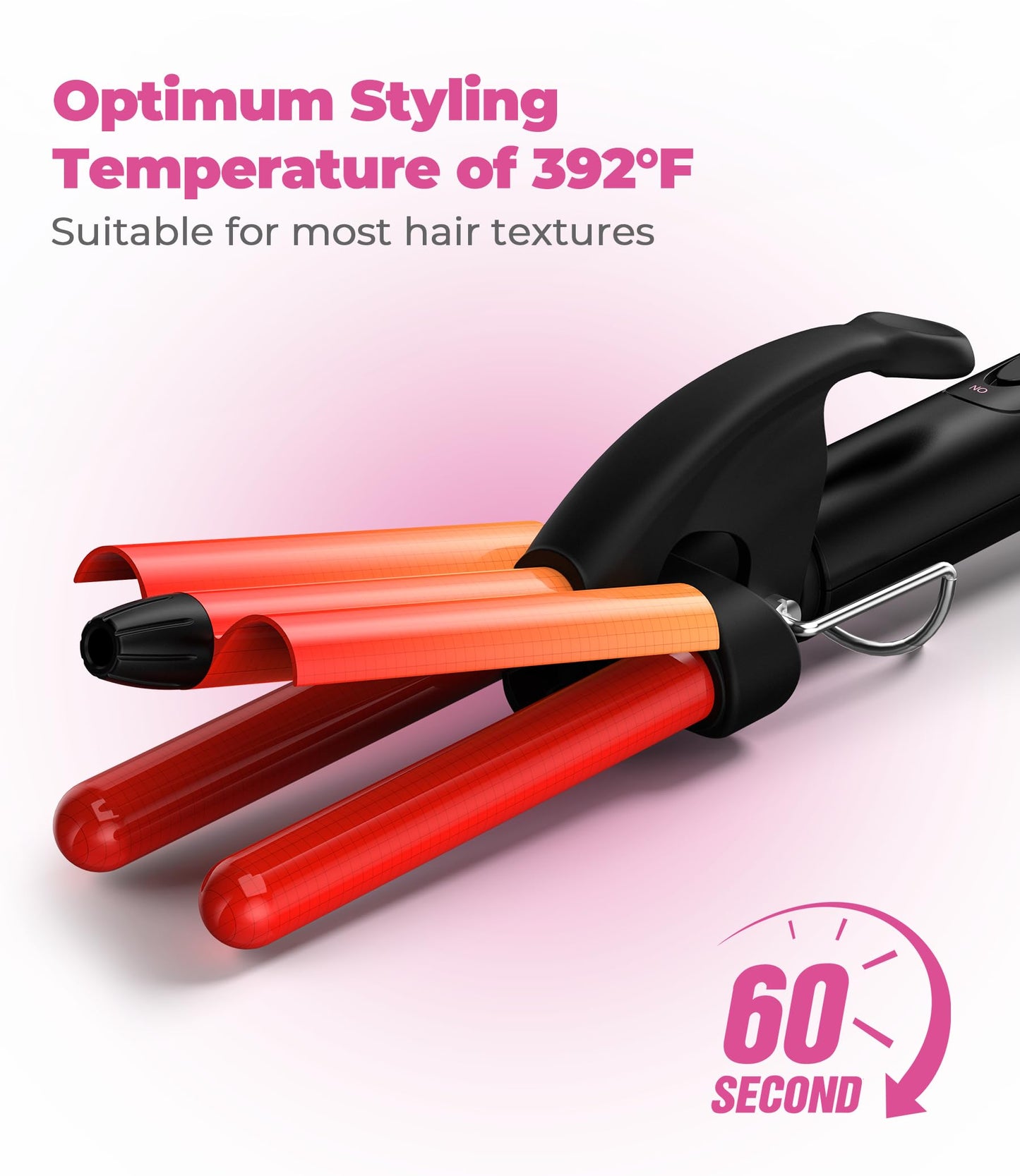 FARERY triple barrel curling iron displaying the three adjustable heat settings