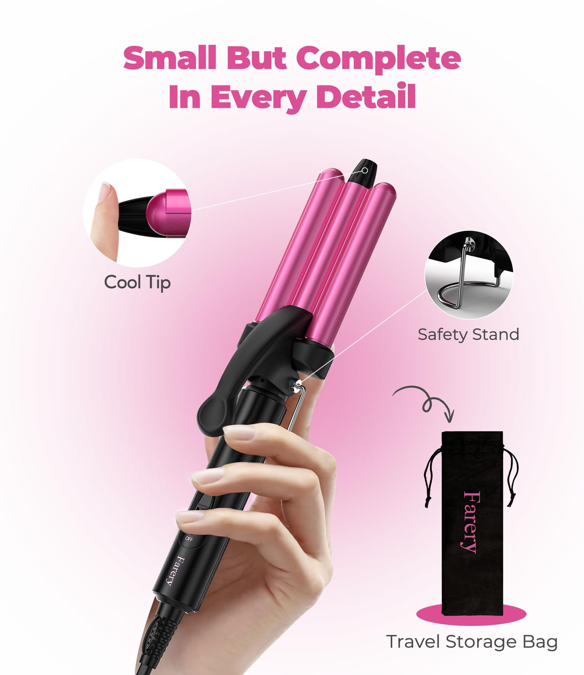 FARERY dual voltage hair crimper highlighting the anti scald cool tip