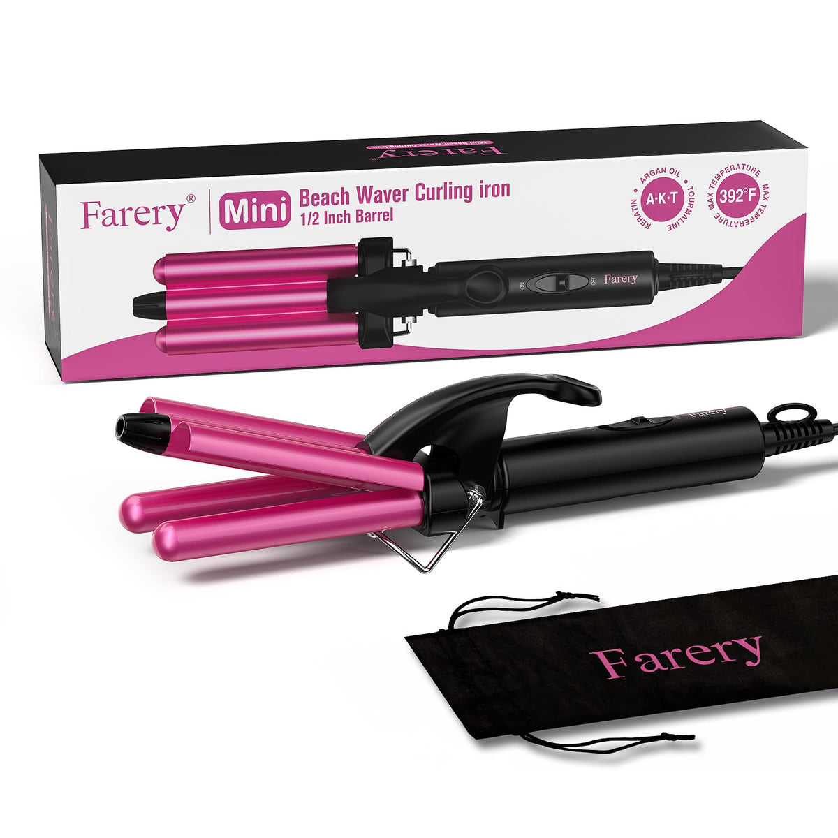 FARERY compact styling iron inside its travel pouch for storage illustration