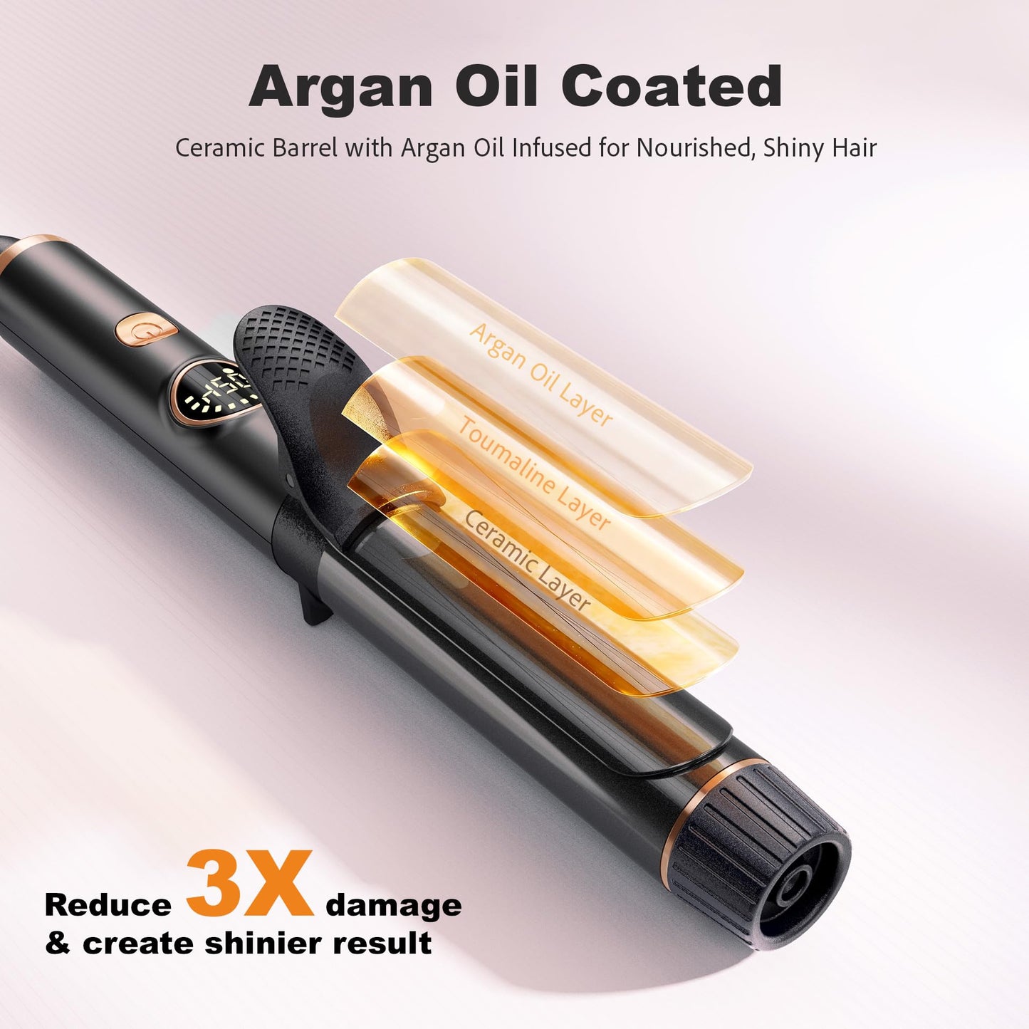 ORYNNE rose gold travel curling wand close up on the ceramic barrel