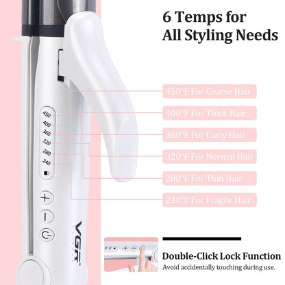 Compact VGR dual voltage curler packed neatly next to travel essentials in a suitcase.