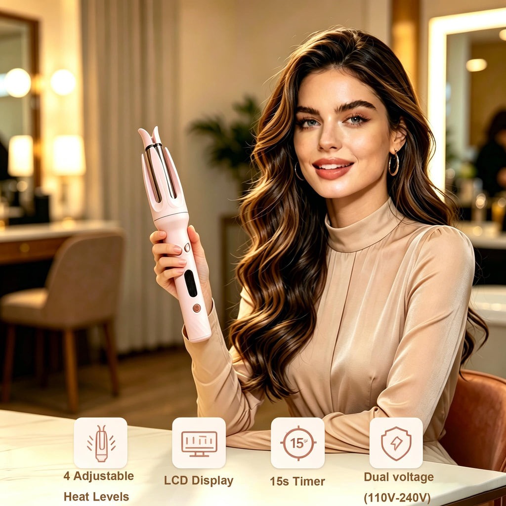 Side view of EYCOMTOM self spinning hair curler buttons and timer