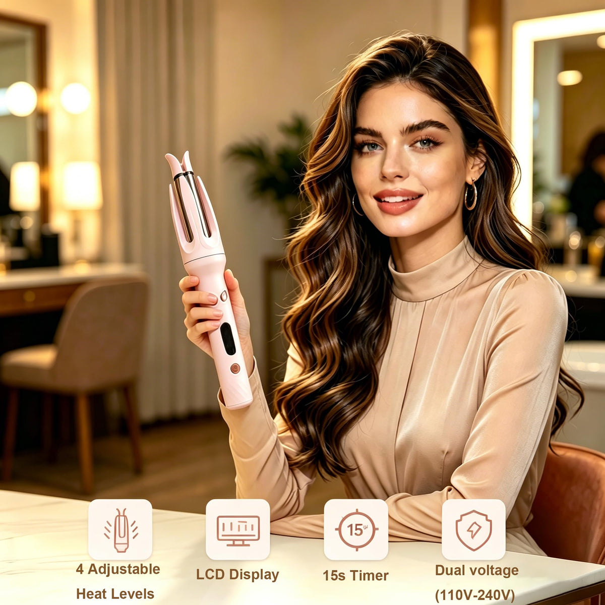 Side view of EYCOMTOM self spinning hair curler buttons and timer