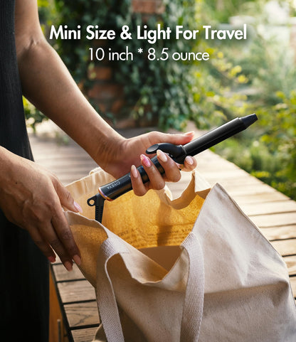 Dual voltage travel curling iron displayed alongside its protective fabric storage bag.