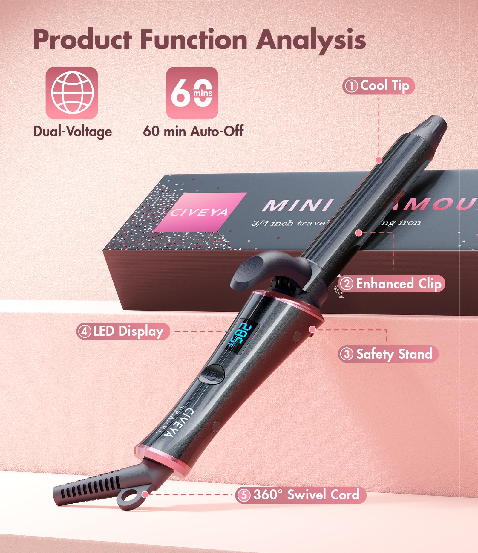 Premium CIVEYA mini ceramic cylinder hair iron showcasing its sleek black ergonomic handle.