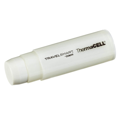 Two white replacement butane gas cartridges by Conair for travel curling irons
