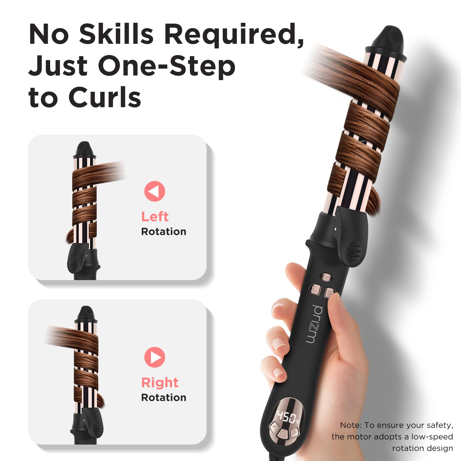 Prizm rotating curling wand side profile highlighting the digital LCD display window.