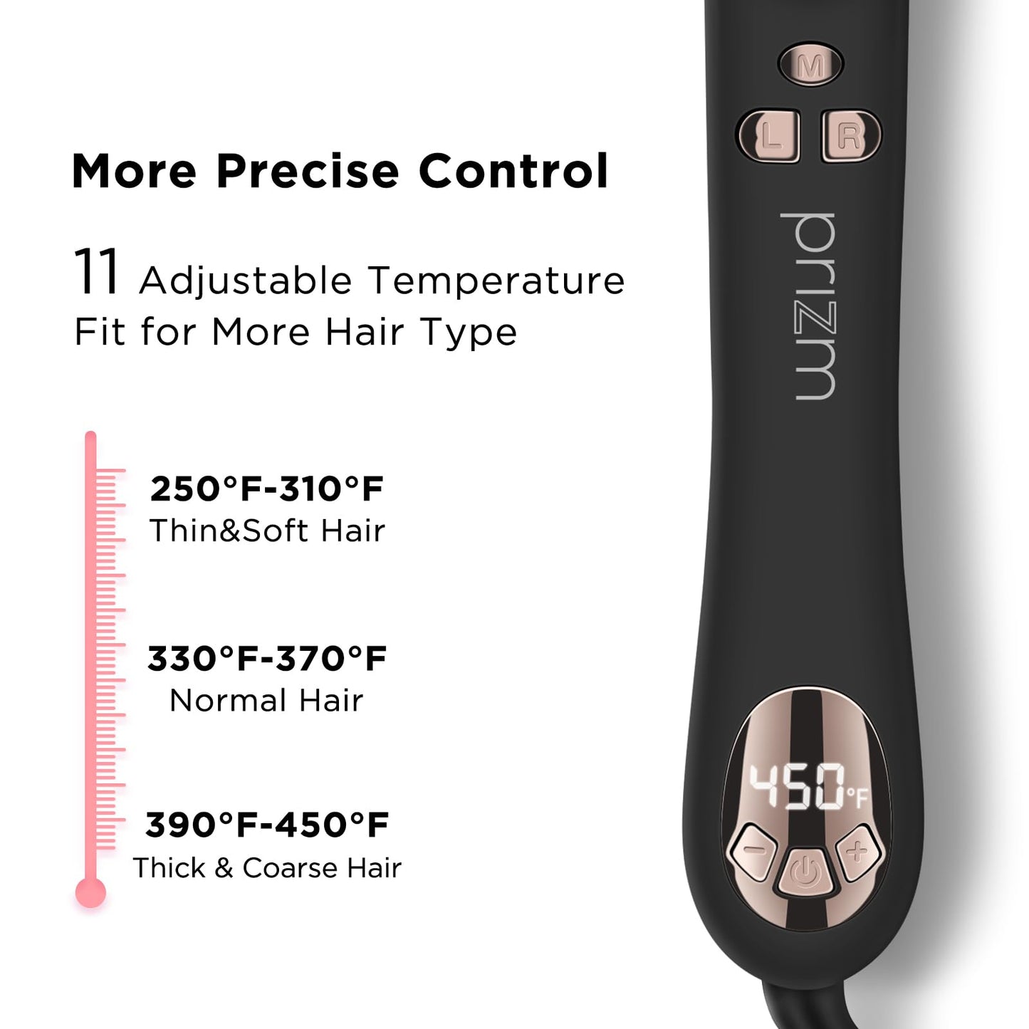 Prizm dual voltage styling iron showing the power cord and temperature adjustment keys.