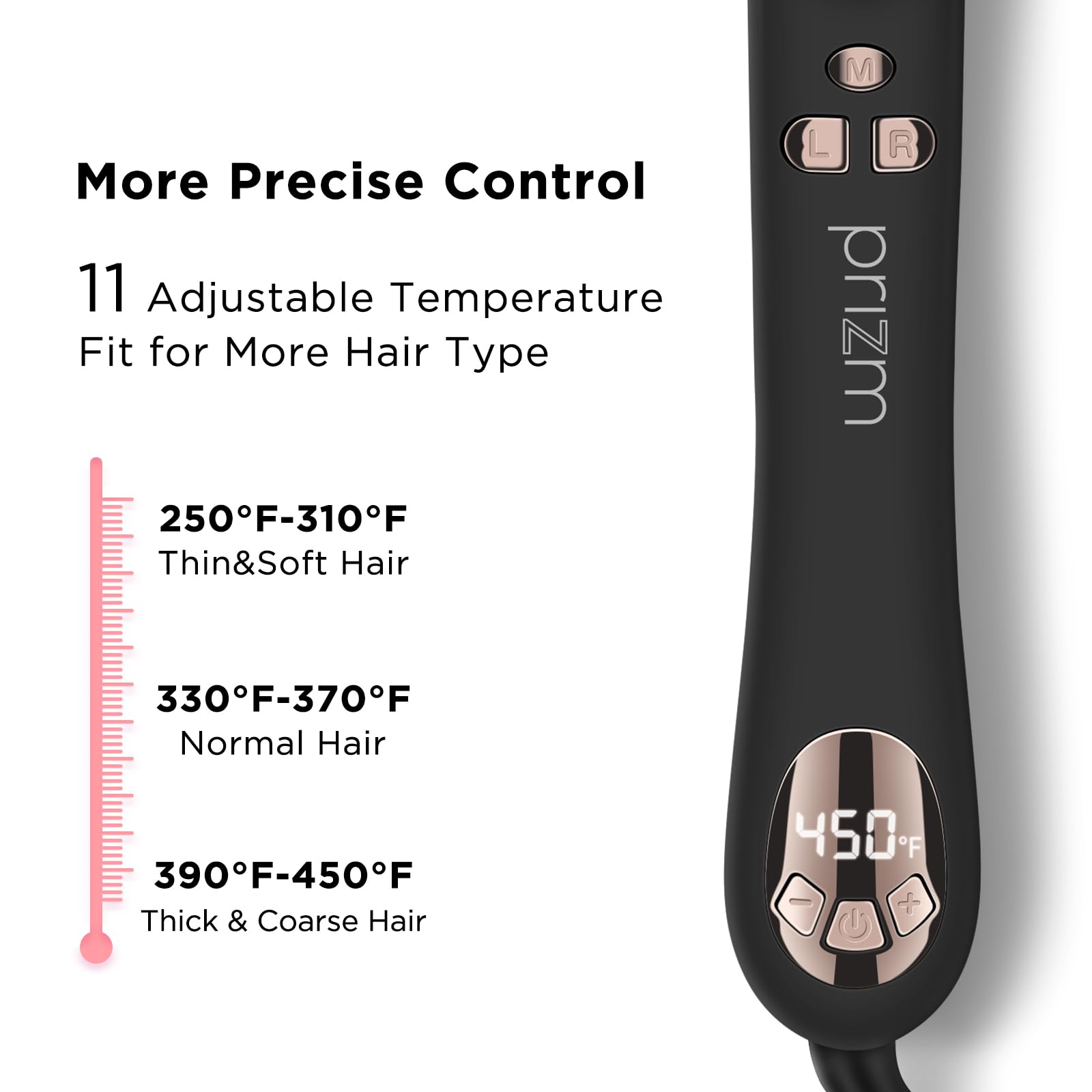 Prizm dual voltage styling iron showing the power cord and temperature adjustment keys.