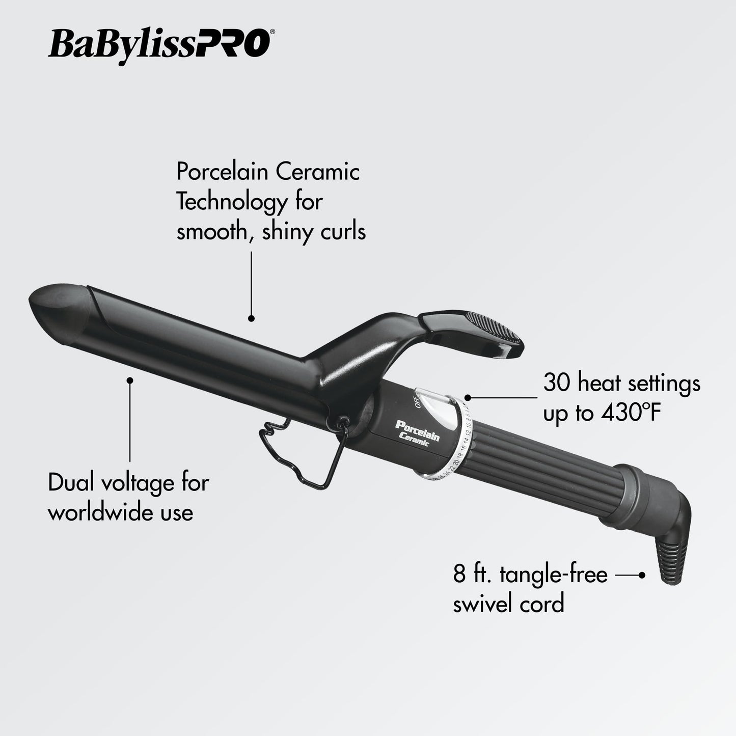 BaBylissPRO imported USA styling wand showing the secure spring clamp mechanism
