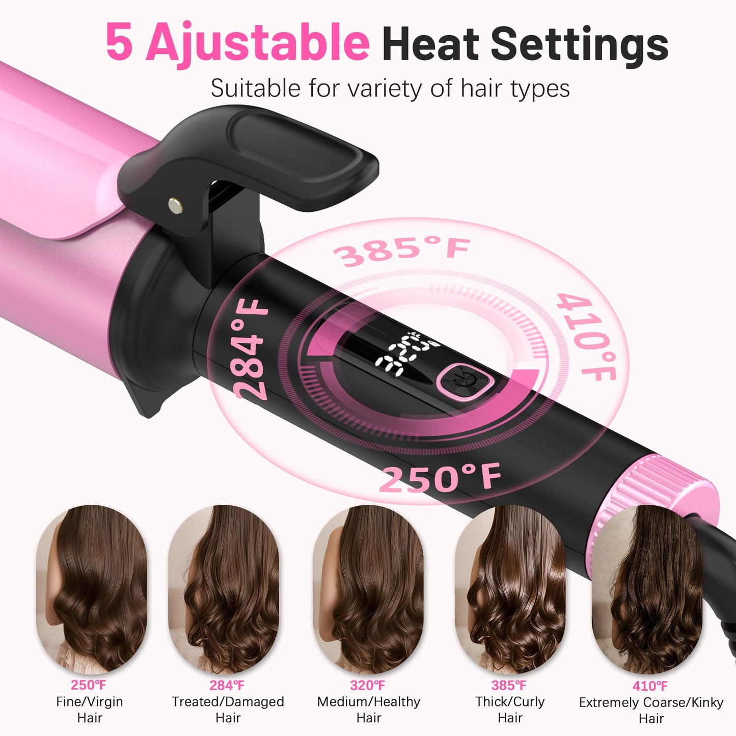 Casavok pink and black hair curler showing the digital LCD temperature display screen.