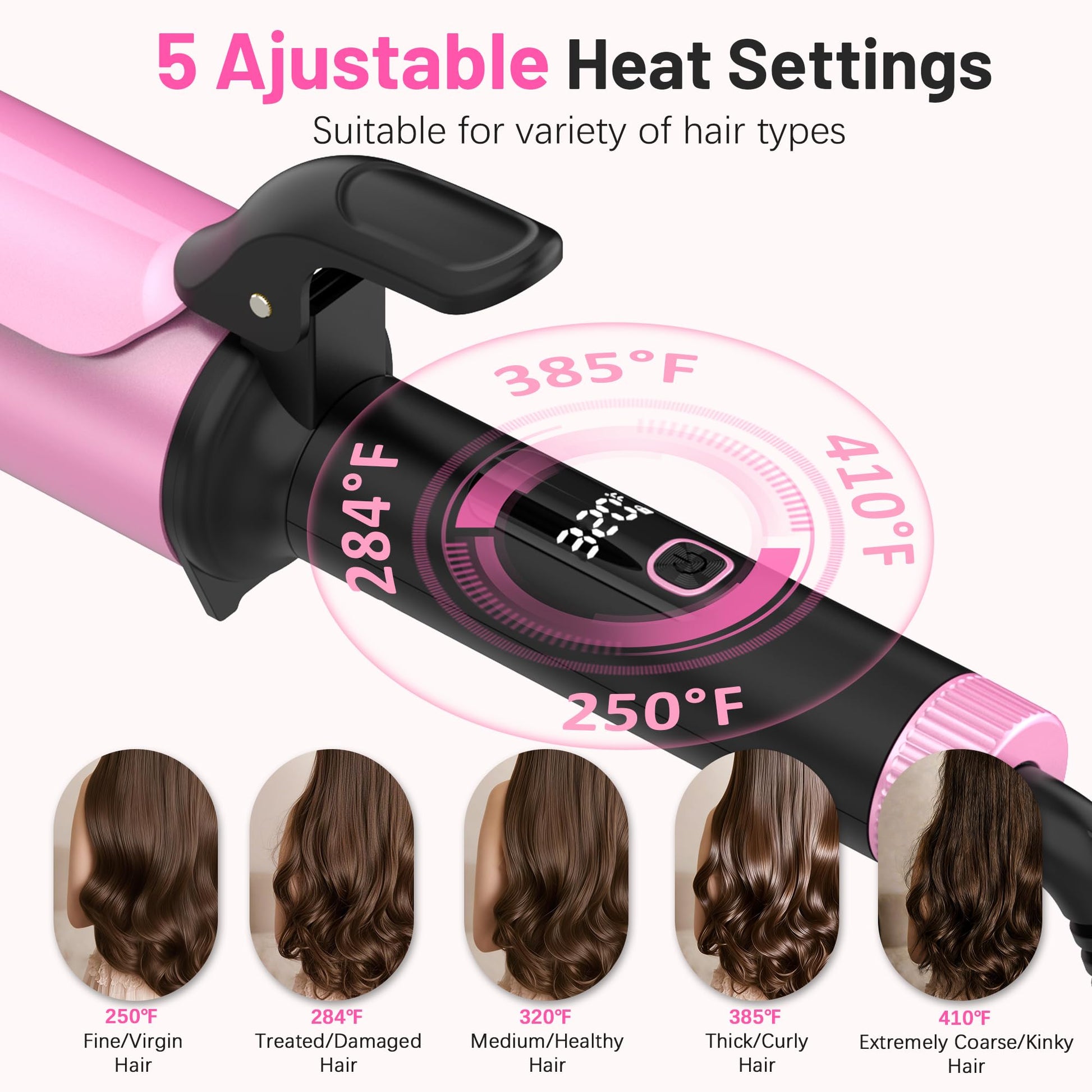 Casavok pink and black hair curler showing the digital LCD temperature display screen.