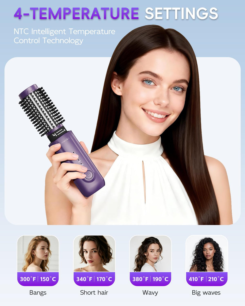 Mini cordless hair brush styling tool compact size compared to a standard handbag.