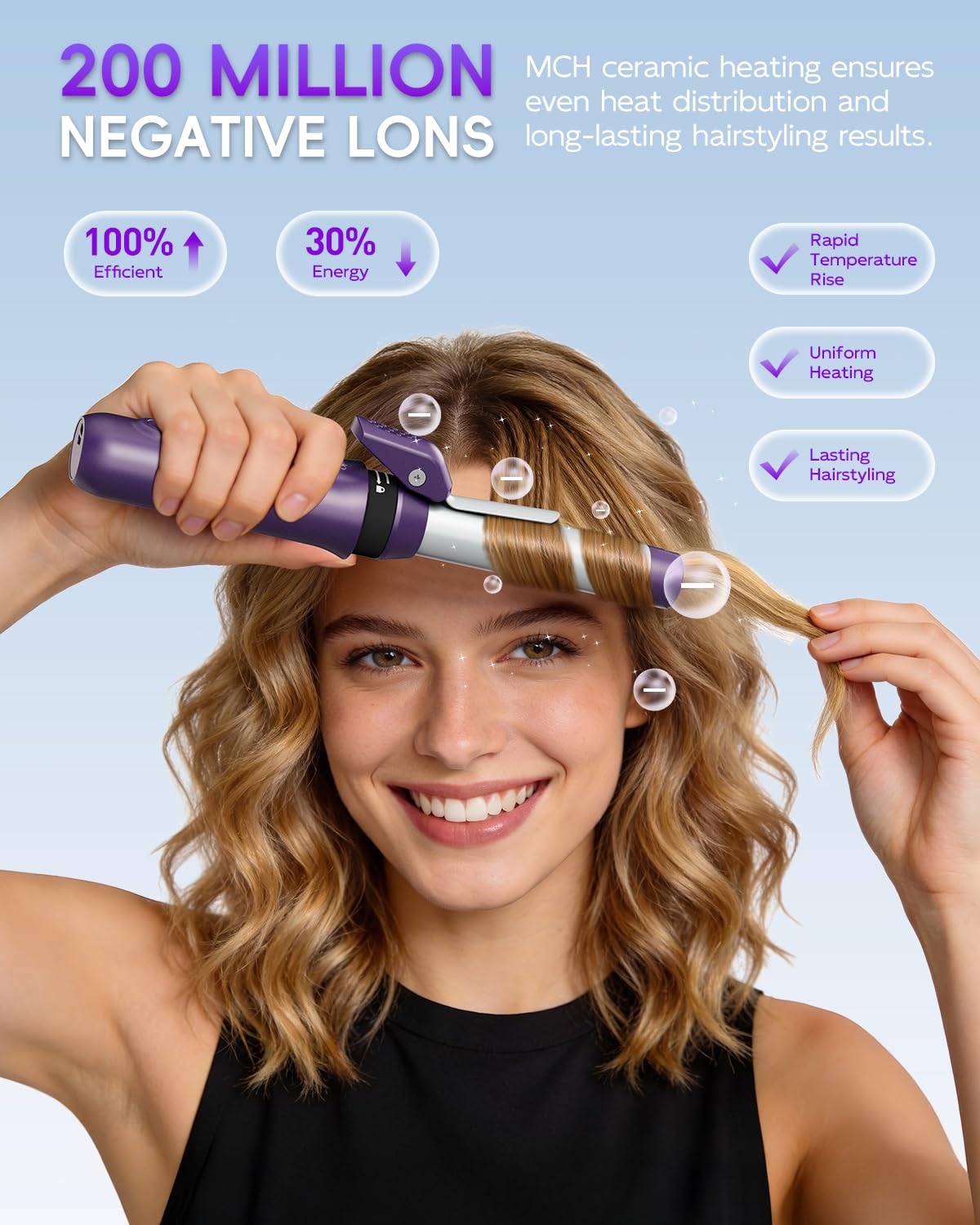 Rechargeable curling iron highlighting the USB-C charging port and 4 temperature indicators.