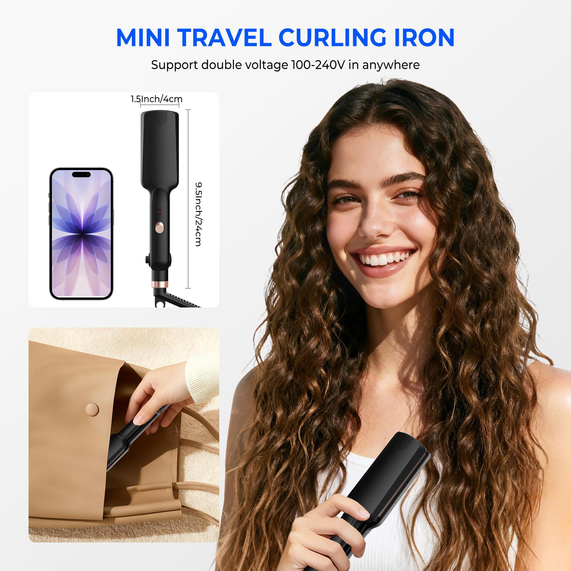 Trylater portable crimping iron for women highlighting the compact 9.5 inch travel friendly size