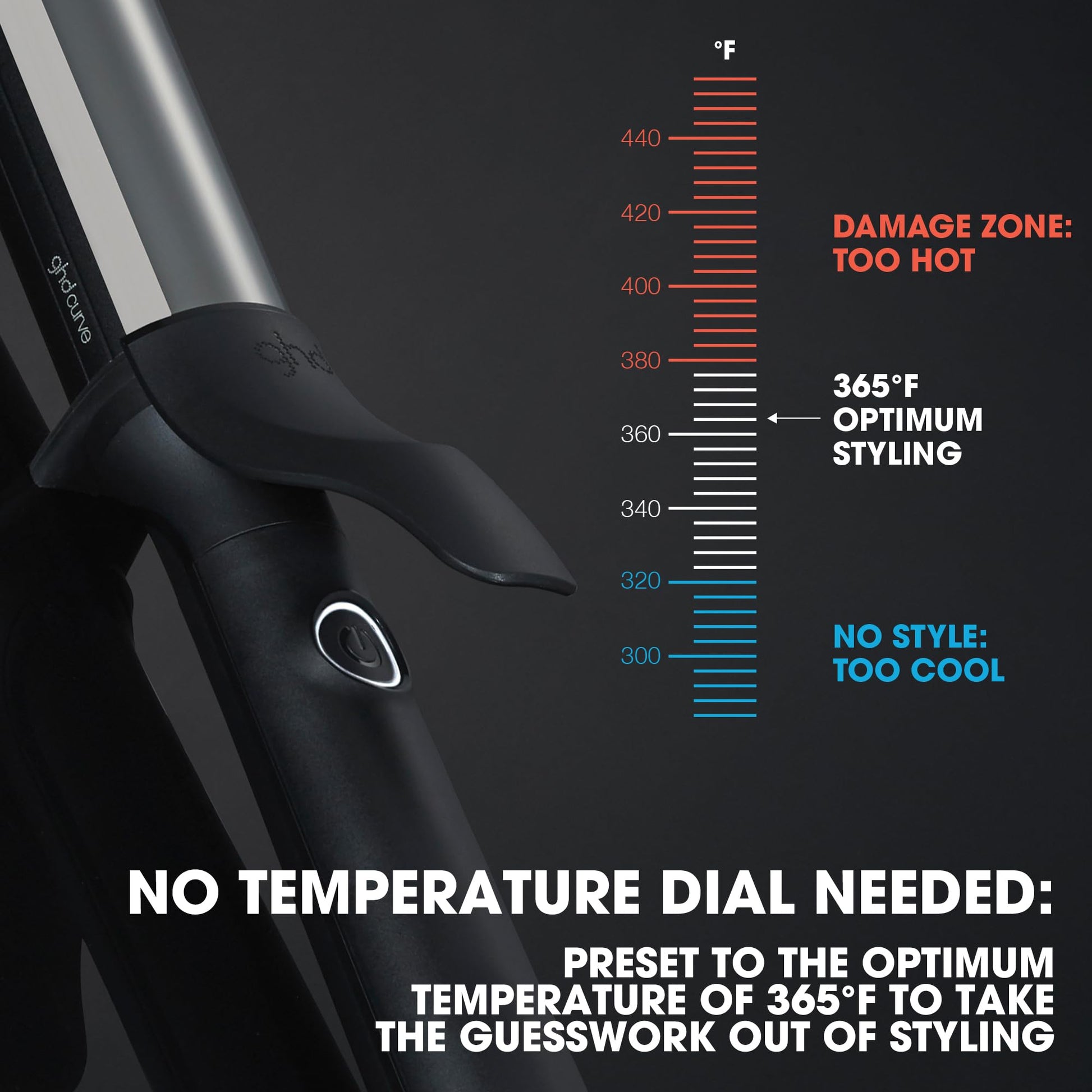 Close-up view of the ghd Curve professional curling iron ceramic barrel emphasizing the protective cool tip for safe styling control.