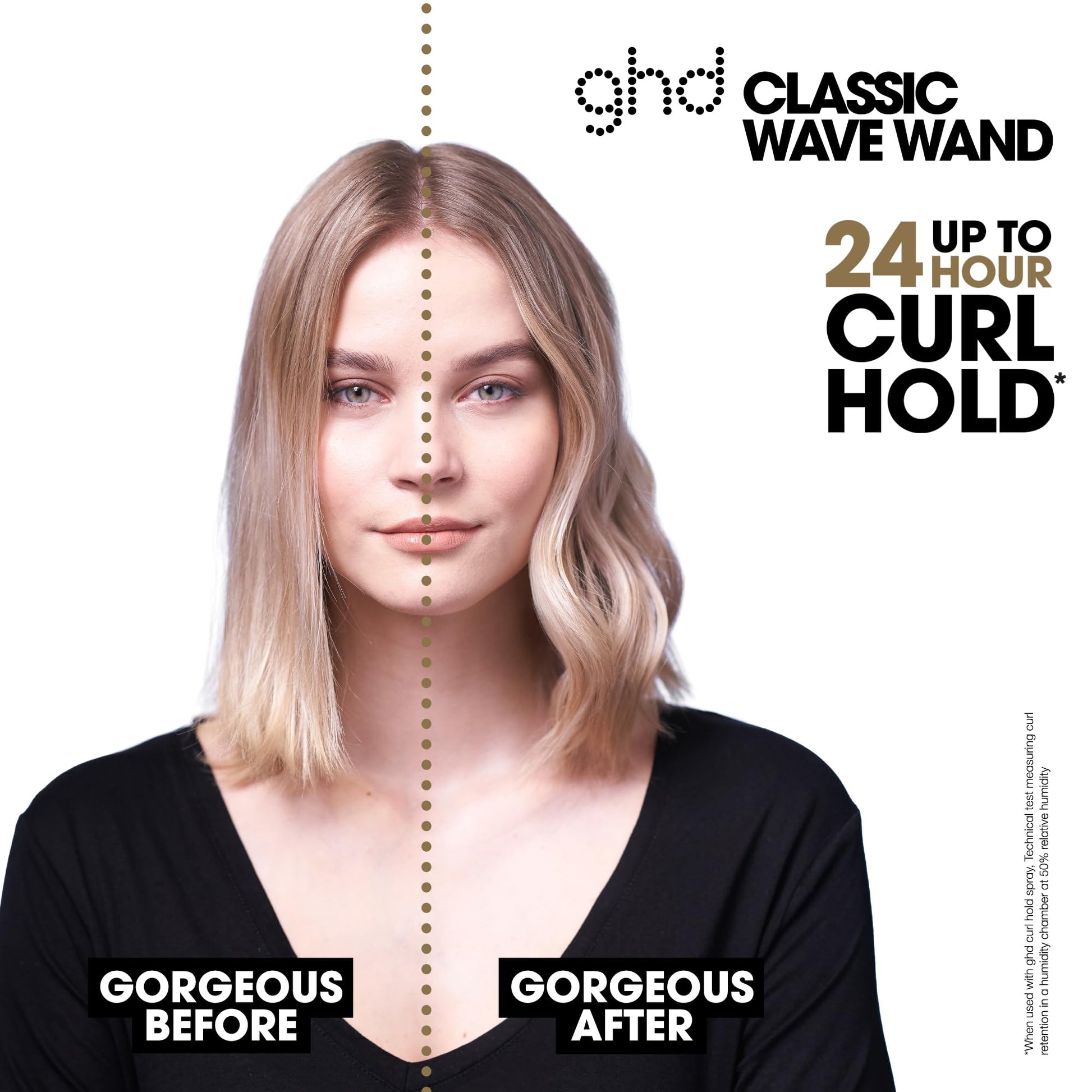 Side profile of the premium ghd Curve hair curler showing the built-in safety stand resting securely on a flat surface.
