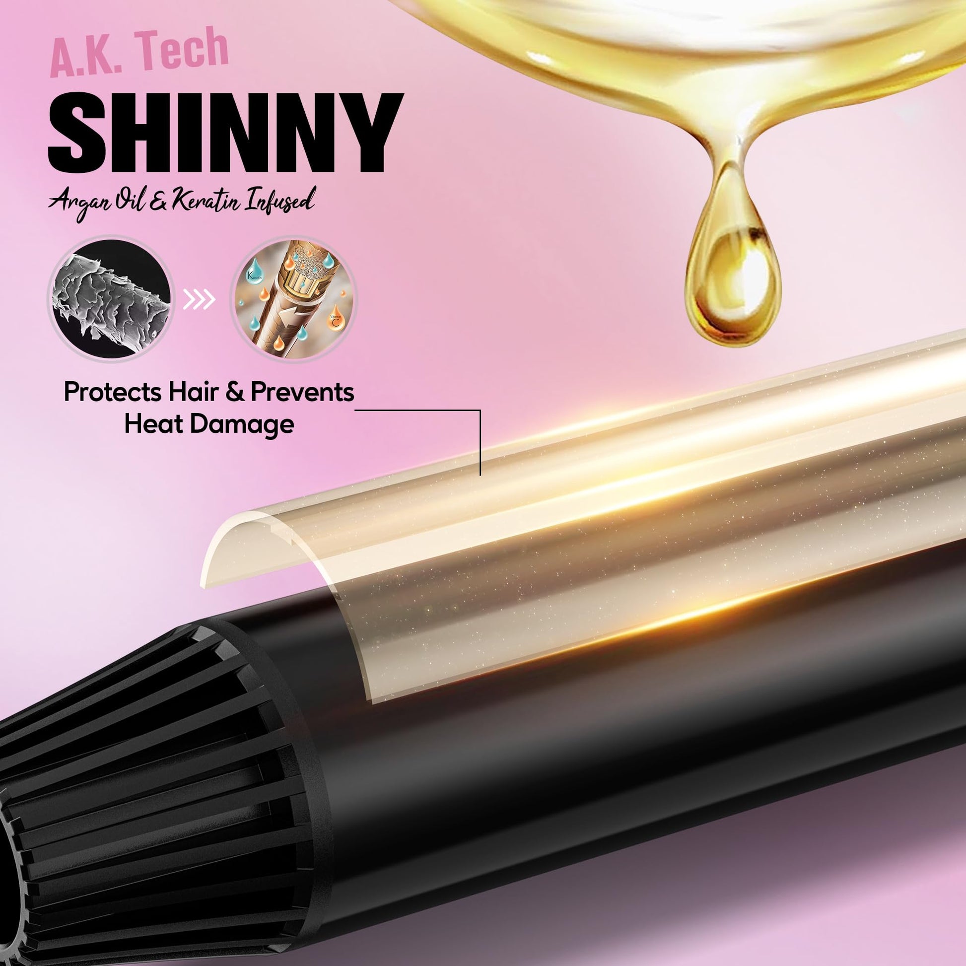 Close up view of the argan oil and keratin infused ceramic barrel on the Farery curling iron