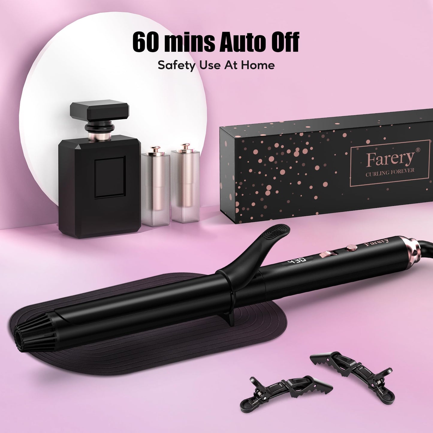 Farery long barrel styling iron highlighting the anti scald cold safety tip at the front