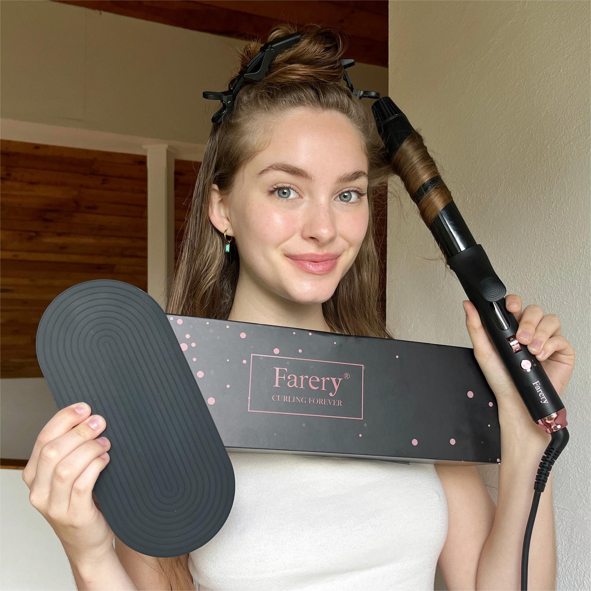 Farery ceramic curling iron packaged retail box view displaying dual voltage travel specifications
