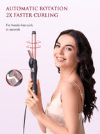 Self-rolling ceramic hair curler wand angled view highlighting the clamp and cool safety tip.