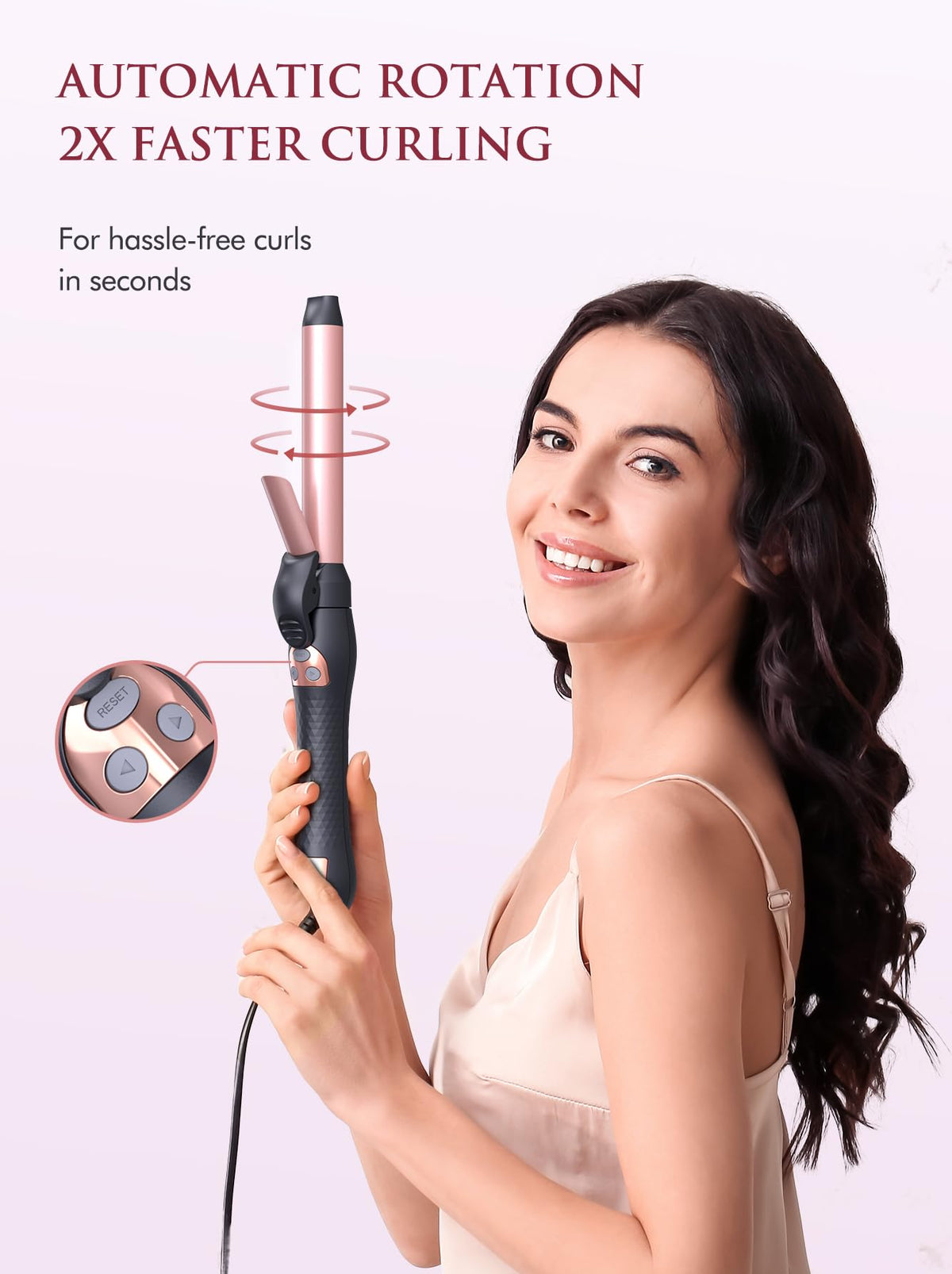 Self-rolling ceramic hair curler wand angled view highlighting the clamp and cool safety tip.