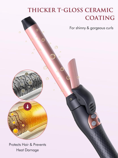 Rose gold one inch rotating curling iron close up of the tourmaline ceramic heating element.