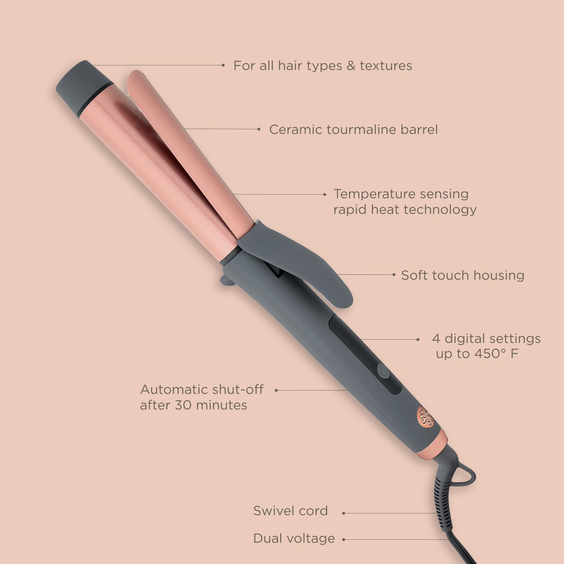 Hairitage 1.25 Inch ceramic tourmaline curling iron showing temperature settings