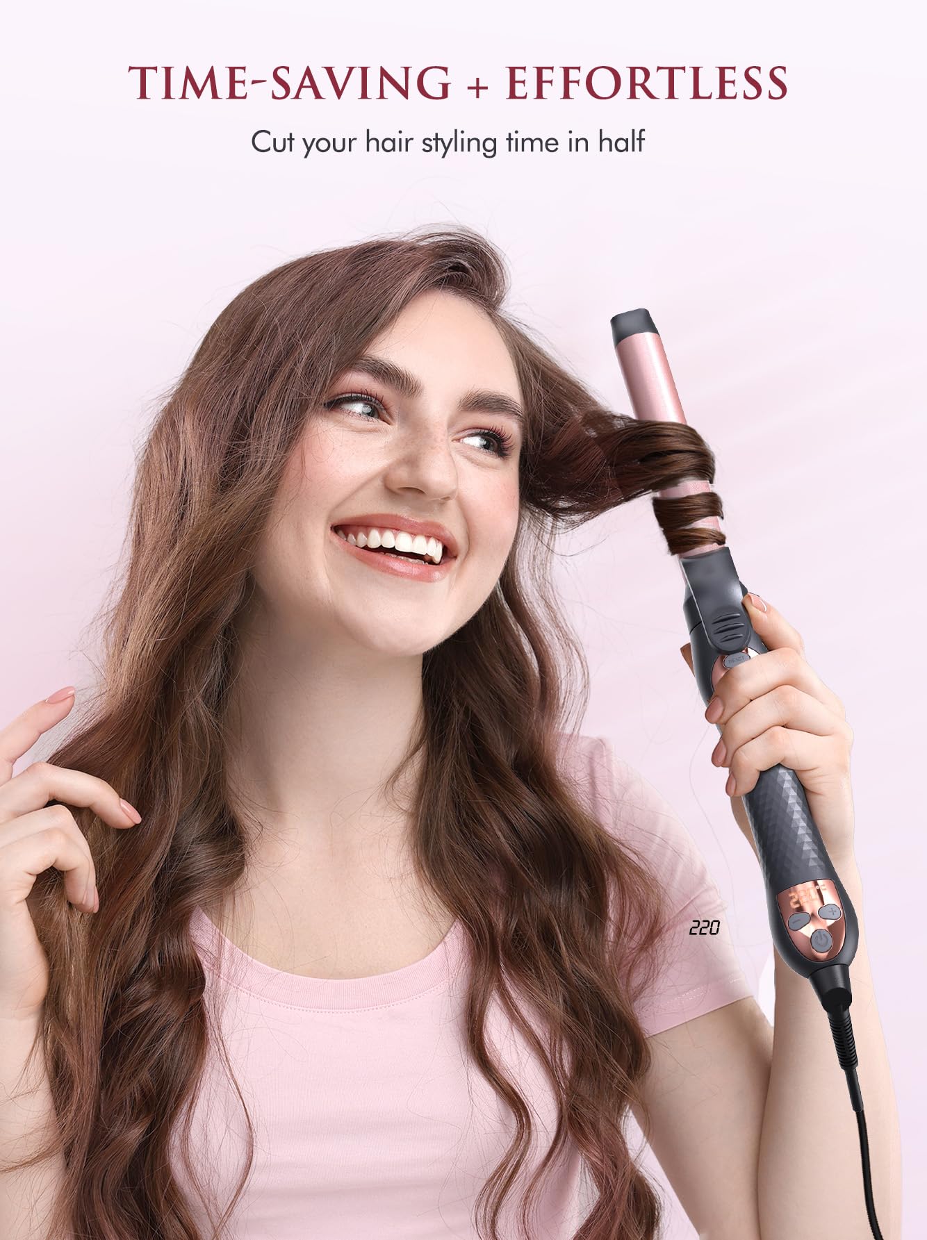 Imported professional automatic curling iron highlighting the durable long swivel cord connection.