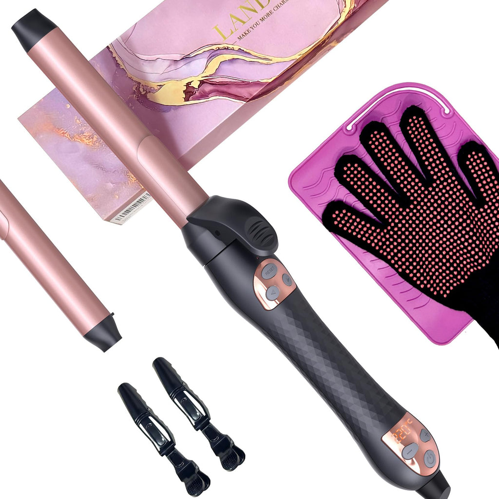 Complete packaging view of the LANDOT automated hair curler for salon quality waves at home.