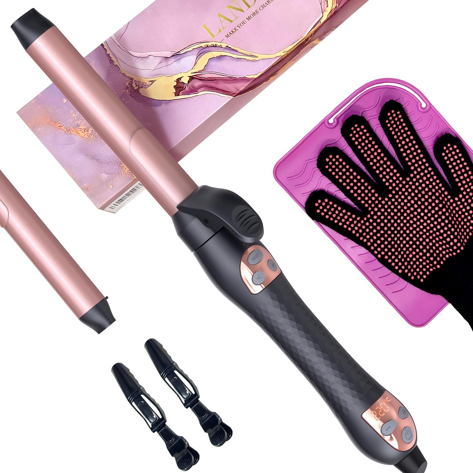 Complete packaging view of the LANDOT automated hair curler for salon quality waves at home.
