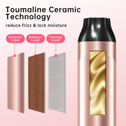 Side profile of the lightweight rose gold Hahahope curling iron highlighting the built in safety stand.
