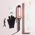 An overhead view of the complete Hahahope two inch curling iron packaging and styling kit.