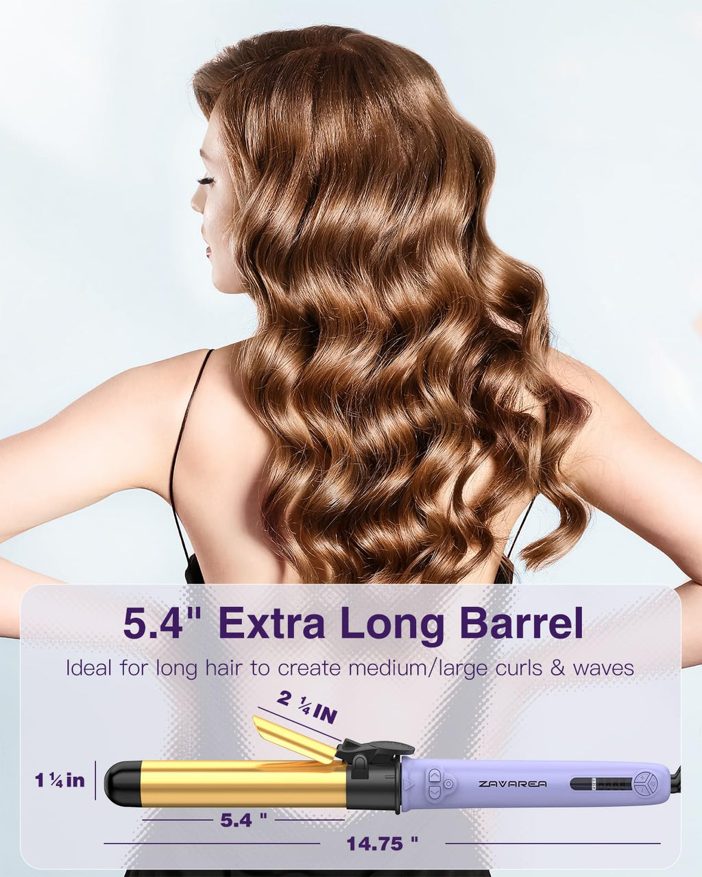 ZAVAREA self curling wand showcasing the extra long barrel and short hair clamp mechanism