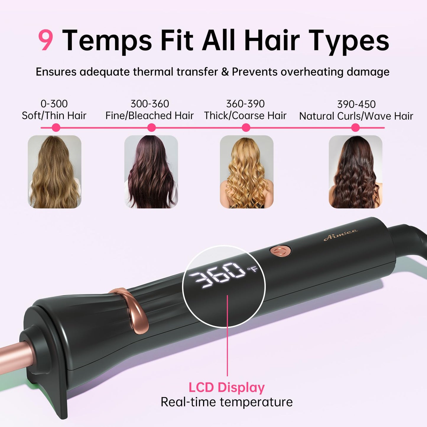 AIMSEE professional skinny curling iron showing the full 360 degree swivel power cord