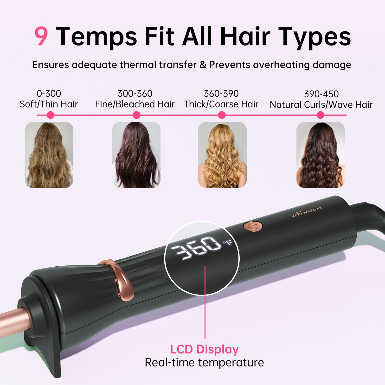 AIMSEE professional skinny curling iron showing the full 360 degree swivel power cord