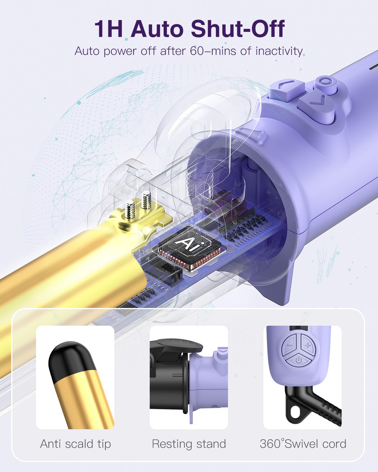 ZAVAREA professional automatic curler handle details depicting the power and reset buttons