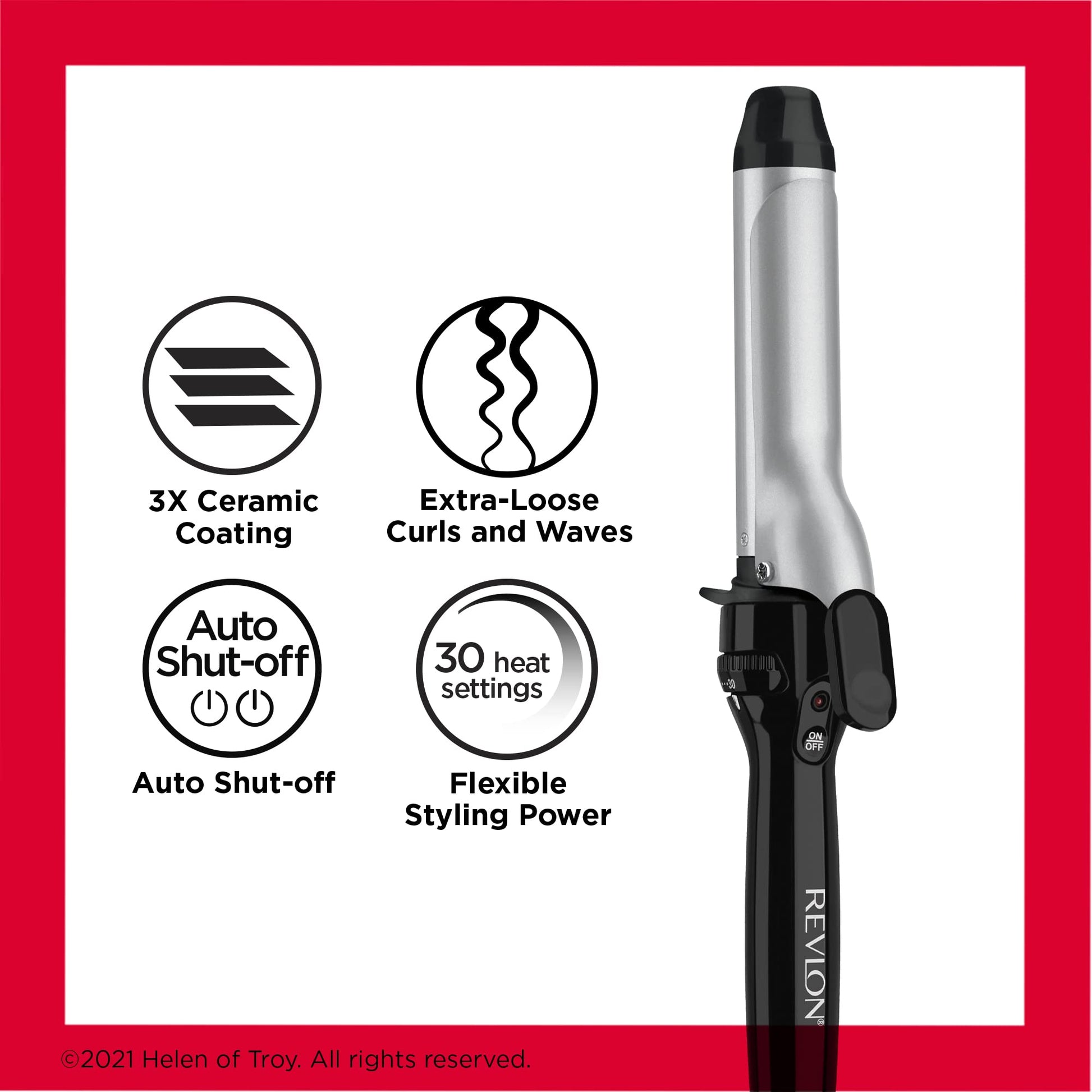 Revlon dual voltage ceramic curling iron showing the built in counter rest stand