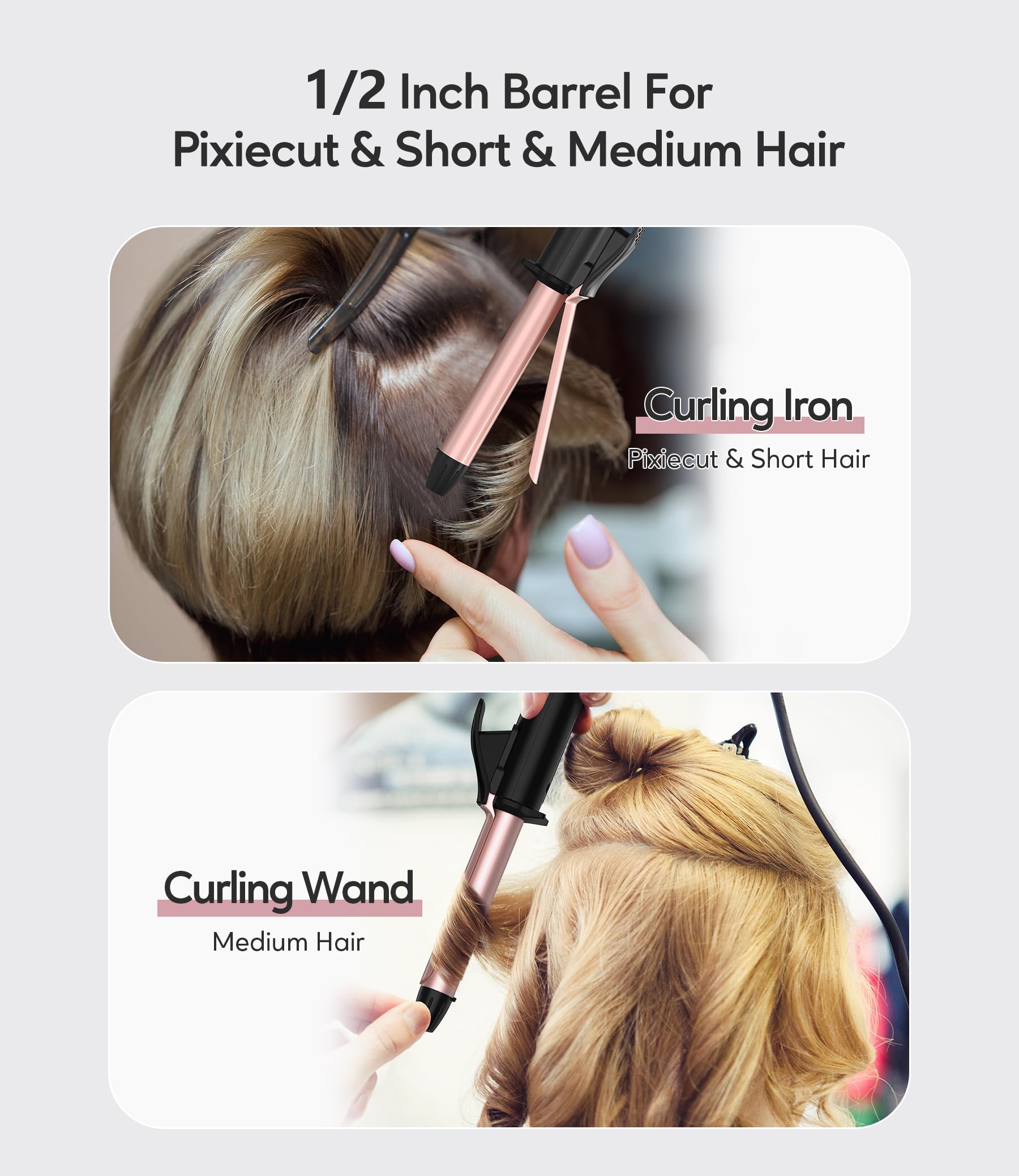 Dual voltage small hair curling wand next to its travel storage bag