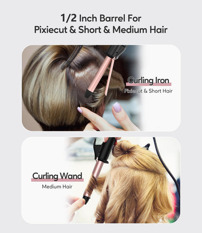 Dual voltage small hair curling wand next to its travel storage bag