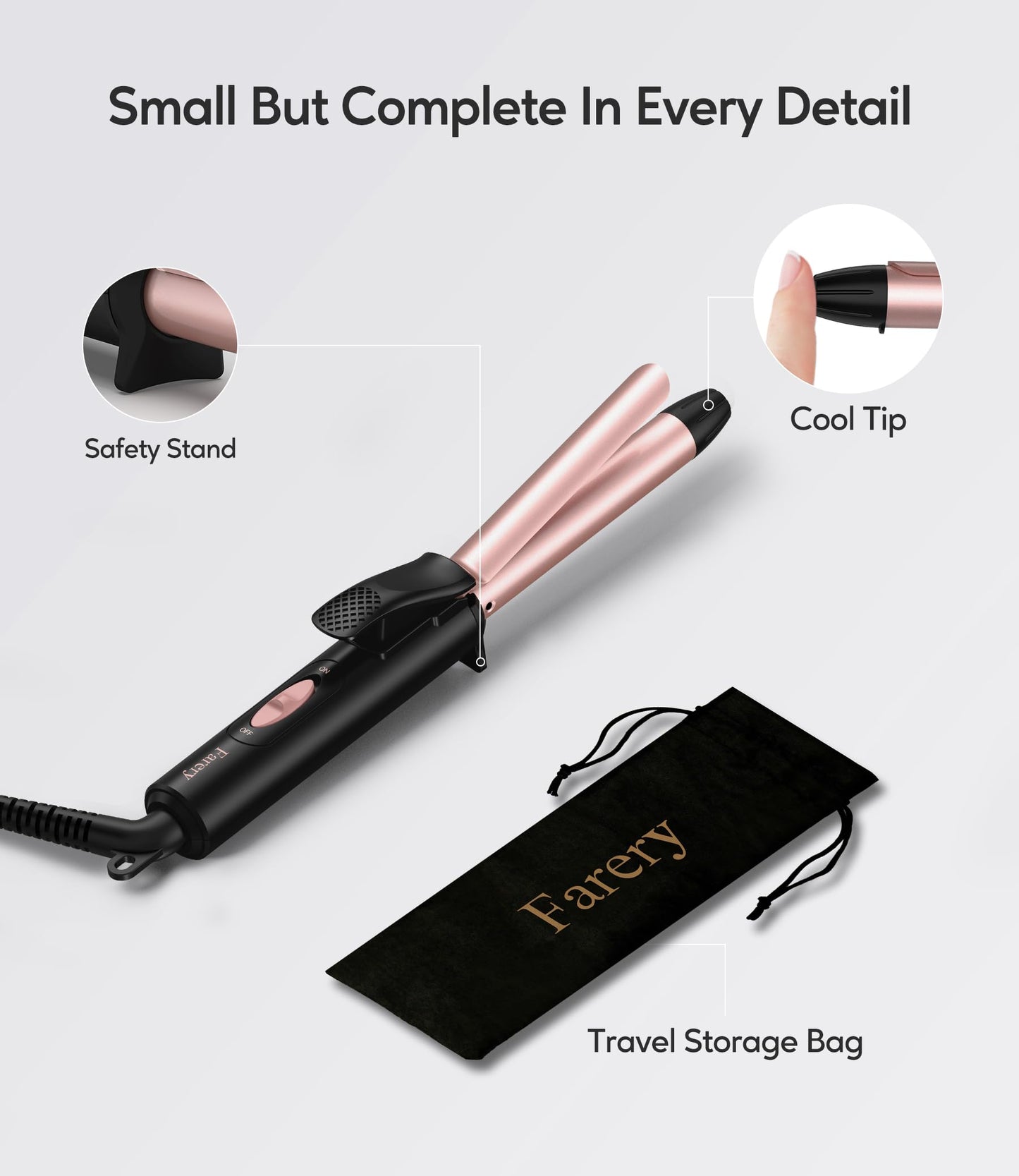Authentic FARERY imported travel size curling iron detailing the safety stand