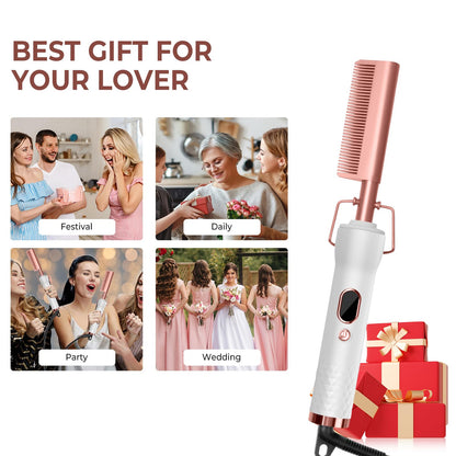 Complete retail packaging view of the Yitrust twelve temperature setting electric straightening comb