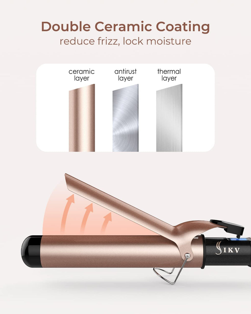 IKV long hair curling iron showing dual voltage travel plug feature